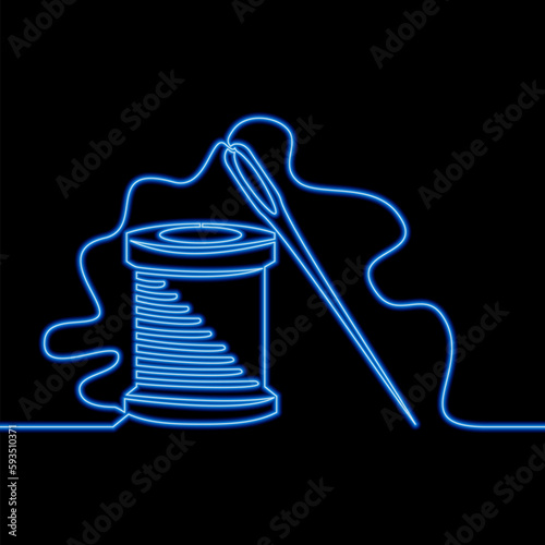 Continuous line drawing Needle with thread and spool design for tailor sewing icon neon glow vector illustration concept