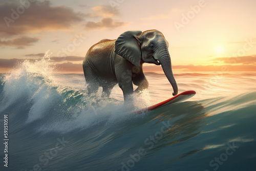 Elephant surfer on a surfboard, having fun on the sea waves, animal surfing on the beach, summer, funny picture , AI Generative.