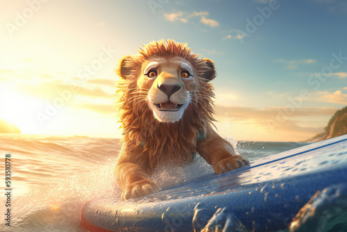 Fotografie, Obraz Lion surfer on a surfboard, having fun on the sea waves, animal surfing on the beach, summer,  funny picture , AI Generative