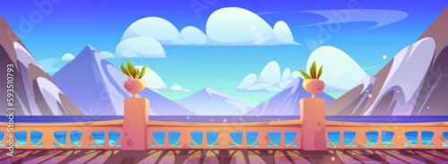 Cartoon terrace with sea mountain view vector illustration. Marine river and sky landscape from hotel apartment balcony or embankment with fence. Nautical outside resort lounge for vacation.