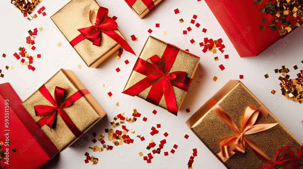 Christmas composition. Gifts, red decorations on white background. Christmas, winter, new year concept. Flat lay, top view, copy space. Generative Ai. Christmas composition. Gifts, red decorations on white background. Christmas, winter, new year concept. Flat lay, top view, copy space. Generative Ai.