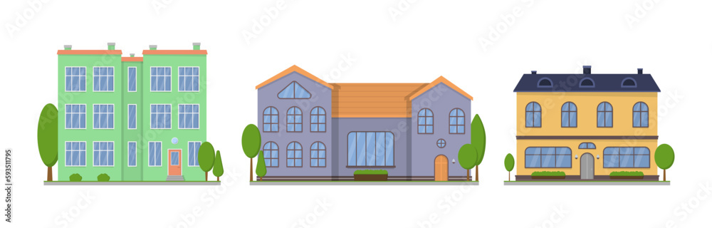 Apartment in a townhouse. Modern buildings in a flat style. Home facade with doors and windows. Suburban American house exterior flat design front view with roof and some trees. Vector illustration. Apartment in a townhouse. Modern buildings in a flat style. Home facade with doors and windows. Suburban American house exterior flat design front view with roof and some trees. Vector illustration.