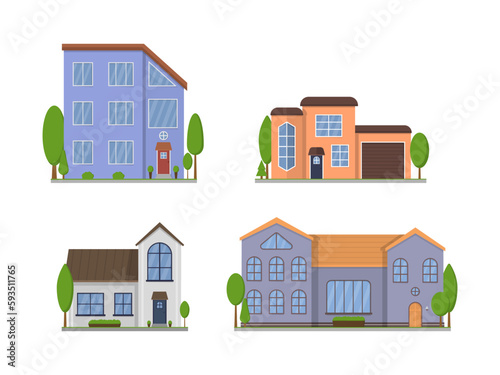 Home facade with doors and windows. Suburban American house exterior flat design front view with roof and some trees. Apartment in a townhouse. Modern buildings in a flat style. Vector illustration. © Helena