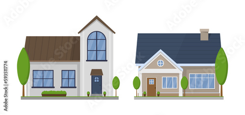 Apartment in a townhouse. Modern buildings in a flat style. Home facade with doors and windows. Suburban American house exterior flat design front view with roof and some trees. Vector illustration.