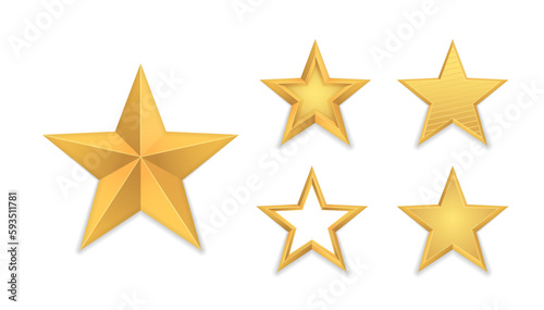 Set of realistic golden 3D star. Glossy Christmas yellow 3D star trophy icon. Leadership symbol. Design elements for holidays. Shiny yellow metal badge or medal template. Vector illustration  eps 10.