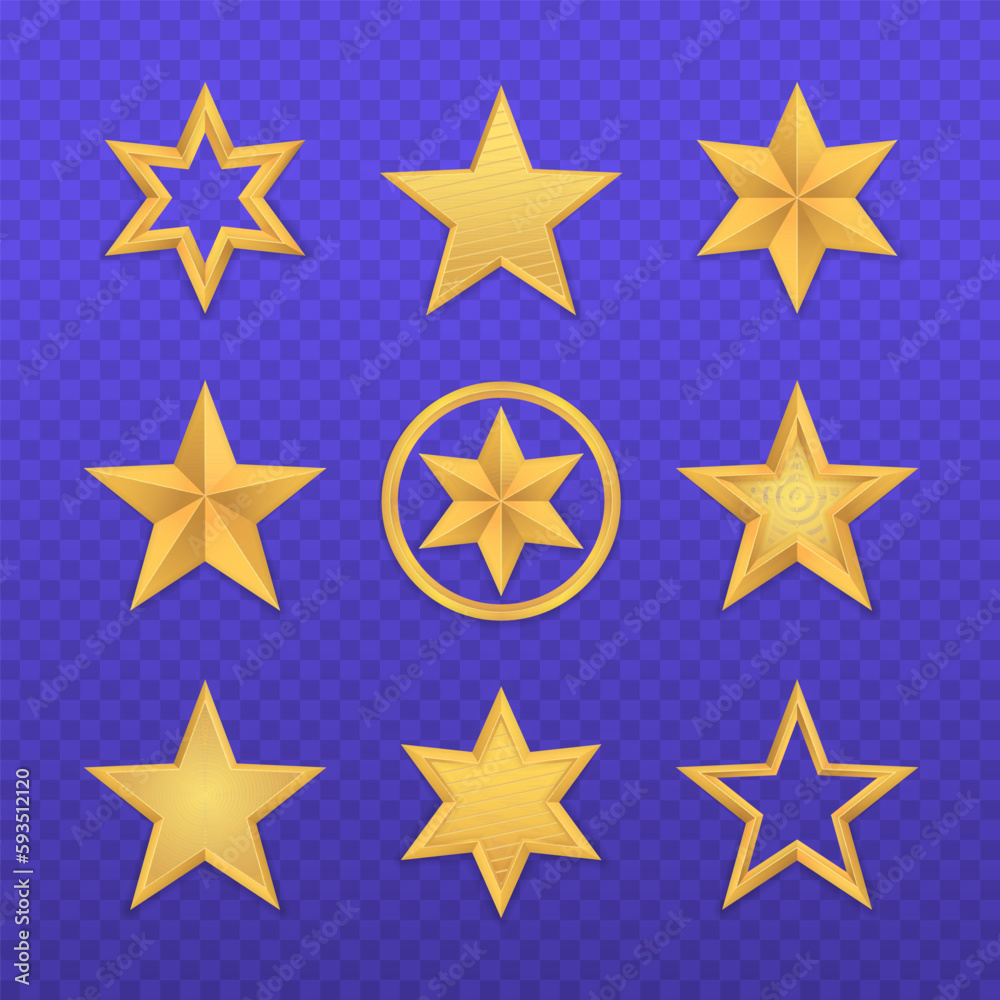 Shiny yellow metal badge or medal template. Set of realistic golden 3D star. Glossy Christmas yellow 3D star trophy icon. Leadership symbol. Design elements for holidays. Vector illustration, eps 10. Shiny yellow metal badge or medal template. Set of realistic golden 3D star. Glossy Christmas yellow 3D star trophy icon. Leadership symbol. Design elements for holidays. Vector illustration, eps 10.