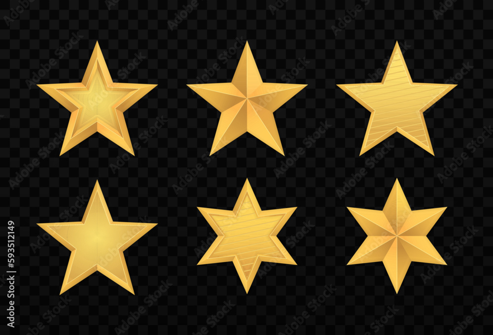 Set of realistic golden 3D star. Glossy Christmas yellow 3D star trophy icon. Leadership symbol. Design elements for holidays. Shiny yellow metal badge or medal template. Vector illustration, eps 10.