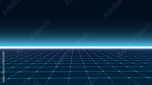 Abstract retro perspective grid. Vector futuristic polygonal background in the style of the 80s and 90s. Detailed wireframe landscape with lines on black background. Digital space with mesh.