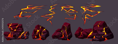Volcano ground texture with lava in cracks and broken stones. Volcanic rocks with light effect in fissures and land surface breaks with hot magma, vector cartoon illustration