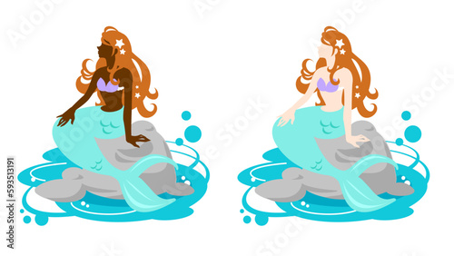 Vector illustration of a mermaid sitting on a rock. Different races, variations of diversity.