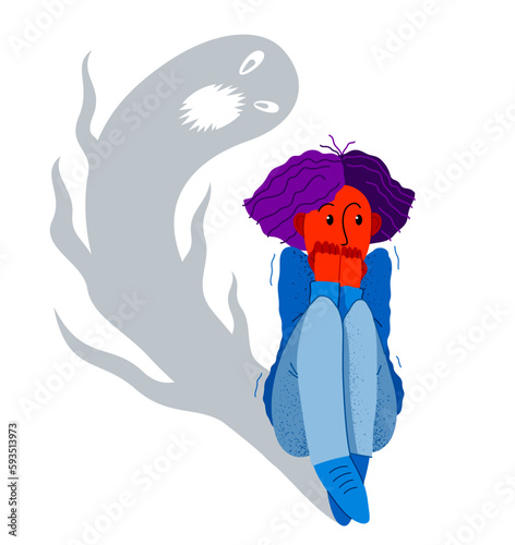 Sciophobia fear of shadows vector illustration, girl is scared by her own shadow with imaginary scary face scared in panic attack, psychology mental health concept.