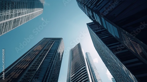 Bottom view of modern skyscrapers in business district. Generative Ai.
