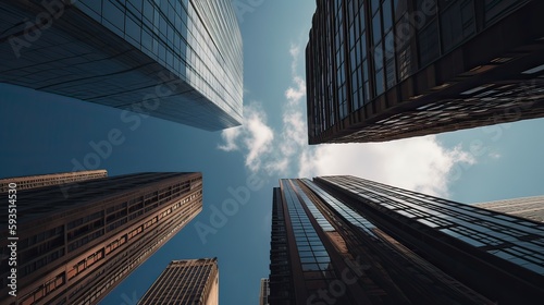 Bottom view of modern skyscrapers in business district. Generative Ai.