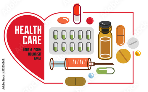 Medical clinic or hospital flyer in a shape of heart, big composition set of medicaments vector flat illustration isolated, advertising banner health care and healing medical theme design.
