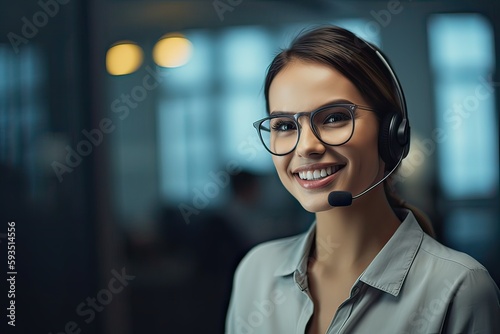 Attractive business woman Asian in suits and headsets are smiling while working with computer at office. Customer service assistant working in office. Generative Ai.