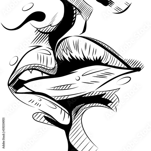 Passion kiss of lovers. Couple kissing in love, black and white vector illustration