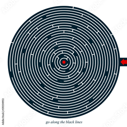 Radial labyrinth maze vector design, children game to play, find way out.