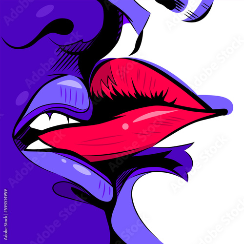 Passion kiss of lovers. Couple kissing in love, pop art vector illustration
