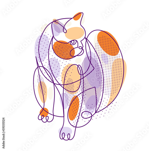 Fat and lazy cat line art vector illustration, linear drawing of pussycat relaxing, minimal outline sketch of cute domestic pet.