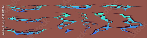 Cartoon set of drought land cracks with blue water inside. Vector illustration of holes on damaged desert ground surface. Dry hot climate impact on soil. Game design elements isolated on background