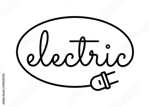 Logo energía eléctrica. Letras de la palabra electric en texto manuscrito con forma de cable lineal con enchufe eléctrico formando un óvalo