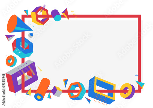 Colorful 3D shapes vector frame isolated on white background, bright positive dimensional design elements, boxes and cylinders and other shapes simple stylish border.