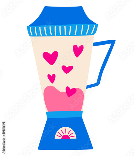 Blender with hearts inside. Greeting card for valentines day. Concept of love, unrequited love, separation, relationship. Vector cartoon illustration isolated on the white background. 