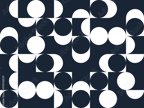 Geometric abstract seamless pattern with black and white simple elements of geometry, wallpaper background in retro 70s style, Bauhaus constructive style tiles.