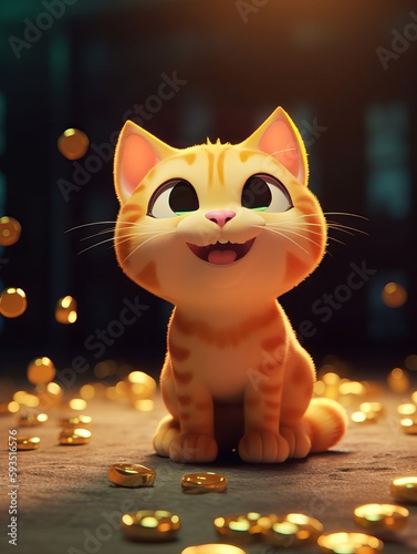 Cute yellow cat 3D realisitc with coins, fortune sign. Generative ai