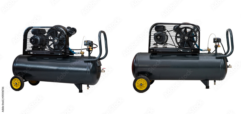 Naklejka premium Black air compressor. An external compressor. industrial compressor in red on a white background.
