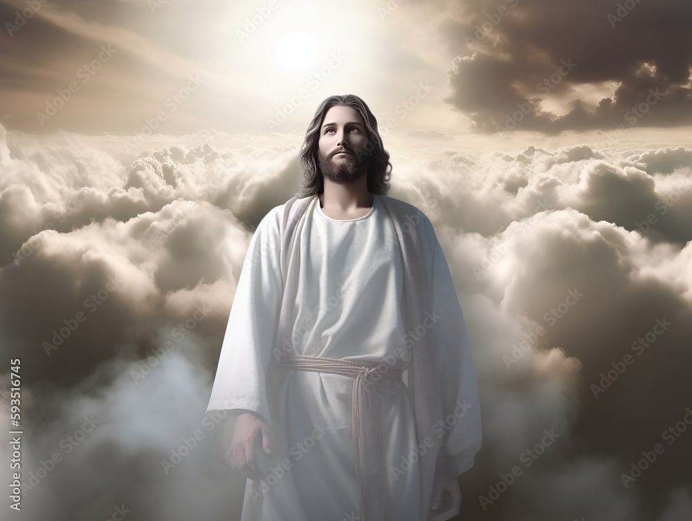 Jesus Christ illustration in the heaven with clouds and sunlights. Generative ai Jesus Christ illustration in the heaven with clouds and sunlights. Generative ai