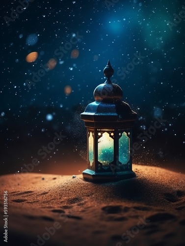 Islamic lantern at the night in the desert with sparkling dust. Generative ai, suitable for ramadhan kareem, eid fitr, eid adha, isra miraj photo