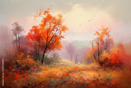 Autumnal Blaze: Spatula Painting of Vibrant Trees on a Cool October Day