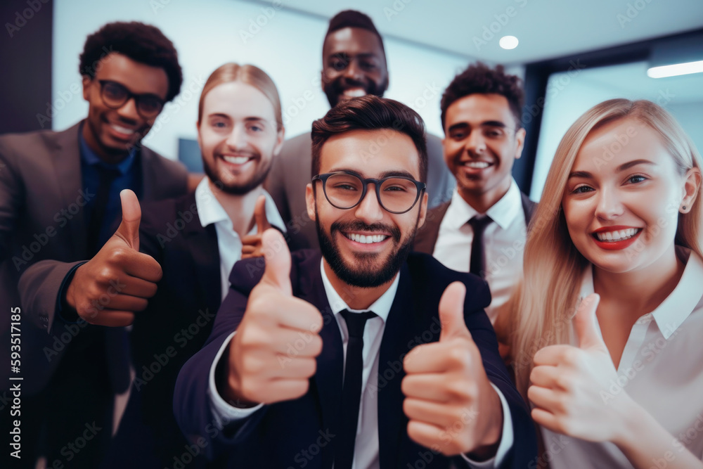 Thumbs up portrait and happy business people in office. generative ai. Thumbs up portrait and happy business people in office. generative ai.
