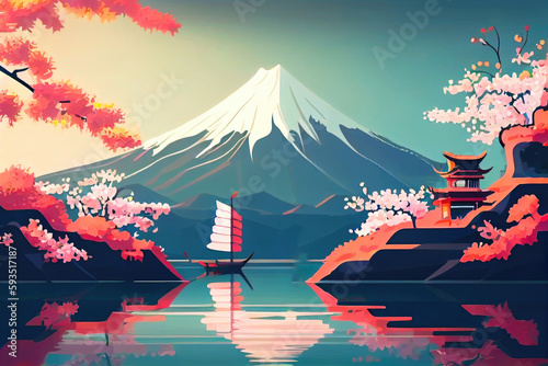 Mount Fuji with cherry blossom in spring, Japan. Japanese landscape illustration, ai generation