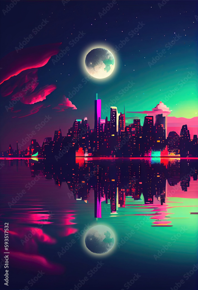 Night city landscape with full moon and reflection in water, ai generation