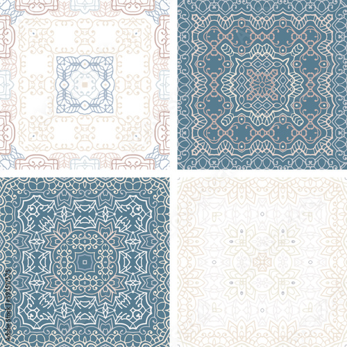 Set of pastel colored seamless tiles, vector ornamental patterns, elegant decorative backgrounds for fabrics, clothing, decoration, home decor, cards and templates, wrapping paper, kids prints.