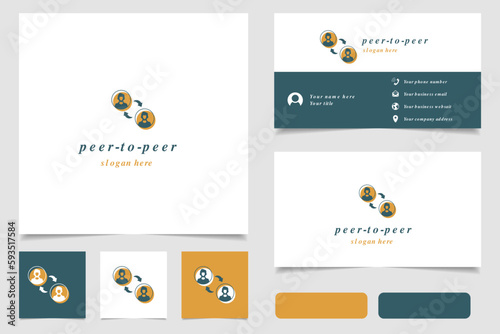 Peer-to-peer logo design with editable slogan. Branding book and business card template.