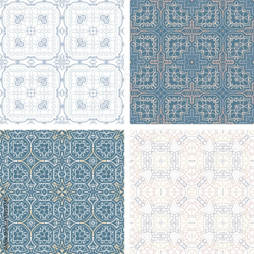Set of pastel colored seamless tiles, vector ornamental patterns, elegant decorative backgrounds for fabrics, clothing, decoration, home decor, cards and templates, wrapping paper, kids prints.