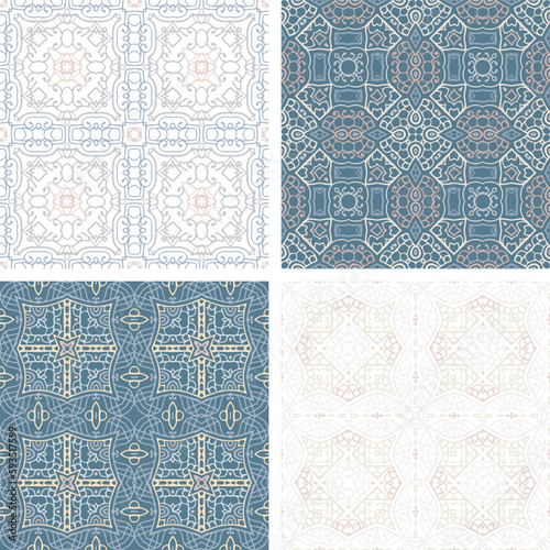 Set of pastel colored seamless tiles, vector ornamental patterns, elegant decorative backgrounds for fabrics, clothing, decoration, home decor, cards and templates, wrapping paper, kids prints.