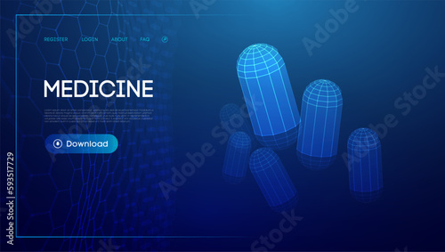 Nutrition pill 3d wireframe object. Technology pill production concept. Capsule tech blue background.