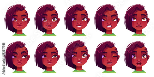 Black african girl face expression avatar vector set. Different female teen facial emotion illustration and cute afro hairstyle. Isolated brunette angry, happy and surprised mood portrait icon.