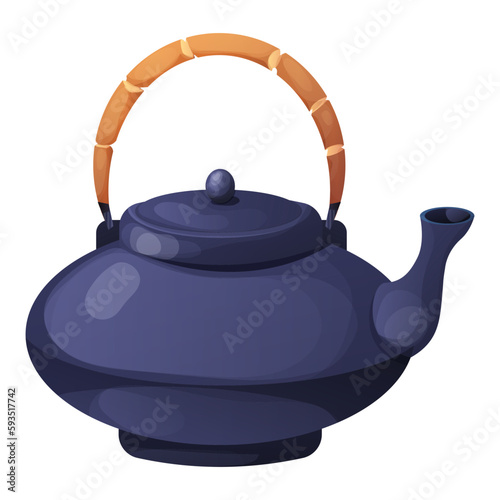 Japanese kettle, teapot traditional ceramic in cartoon style isolated on white background. 