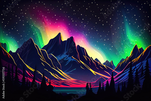 Northern Lights Aurora borealis over stars, mountains and forest, ai generation © Itana