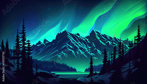 Night landscape with mountains, forest and lake, ai generation