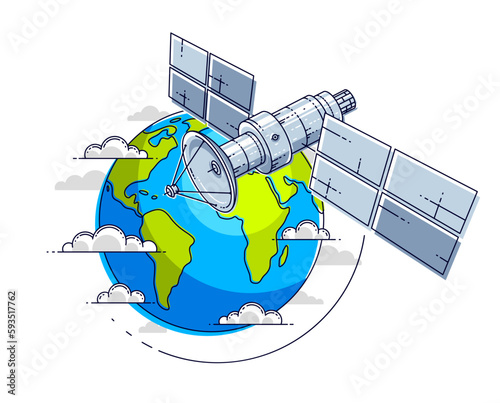 Satellite orbiting around earth, spaceflight, communication spacecraft space station with solar panels and satellite antenna plate. Thin line 3d vector illustration.