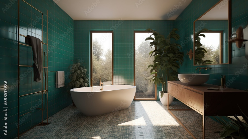 Fototapeta premium Sophisticated Mid-Century Modern Bathroom with Teal Accents
