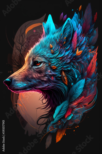 fantasy abstract portrait wolf with a colorful, generative ai