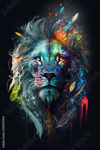 fantasy abstract portrait lion with a colorful, generative ai