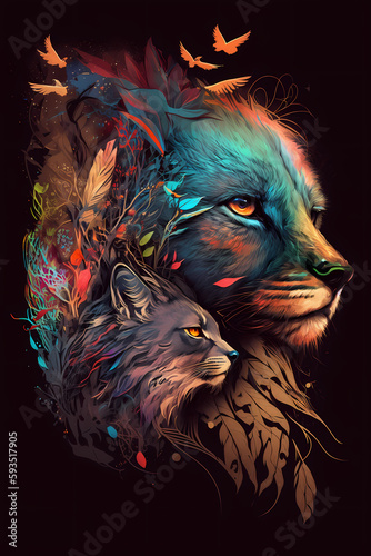 fantasy abstract portrait tiger with a colorful, generative ai